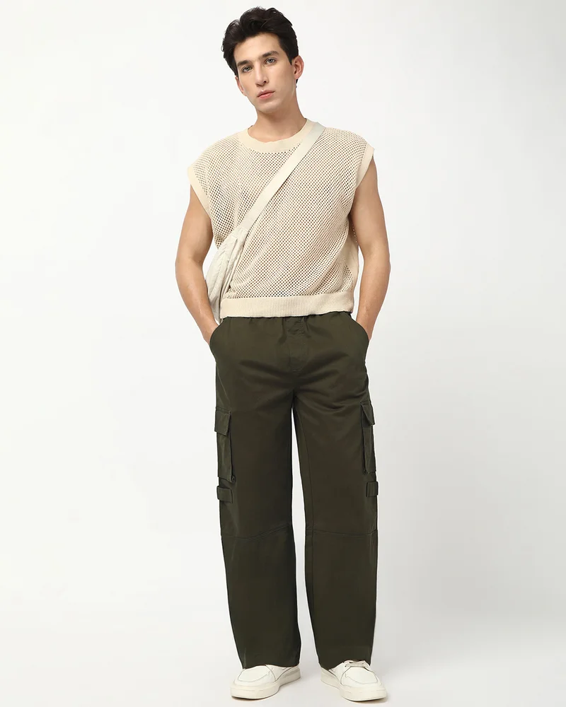 bewakoof  Men's Olive Green Baggy Straight Fit Cargo Pants for Men | Best Price UAE
